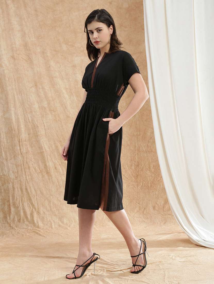 globus women black v-neck extended sleeves solid smocked side slit midi fit & flare dress - 22174029 -  Standard Image - 1