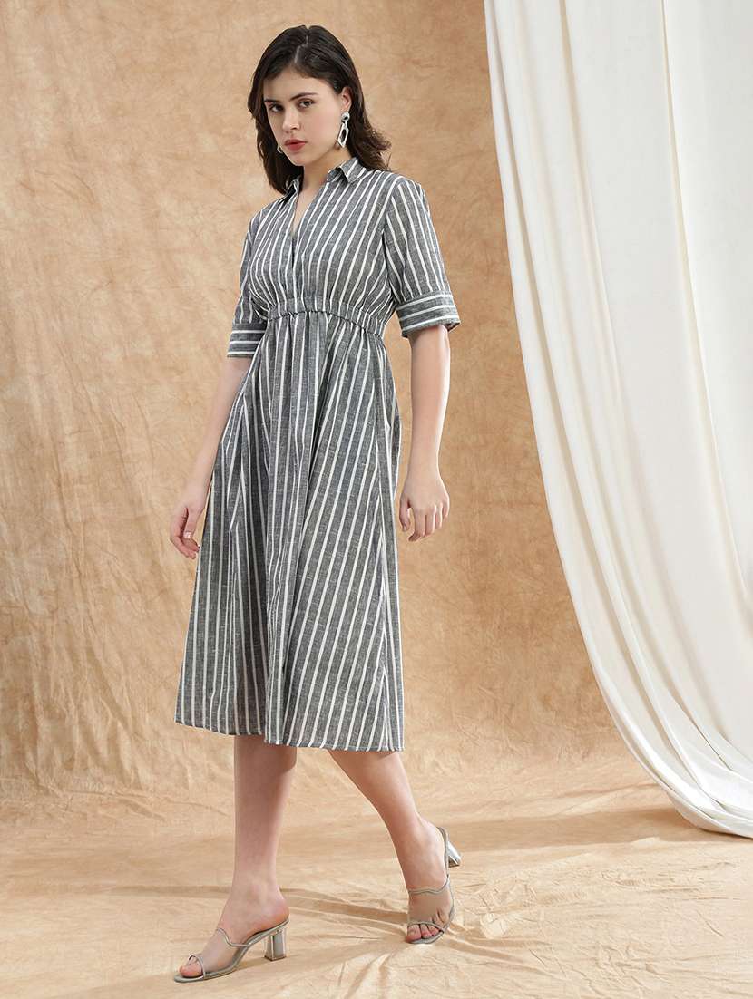 women striped short sleeve fit & flare dress - 22174030 -  Standard Image - 1