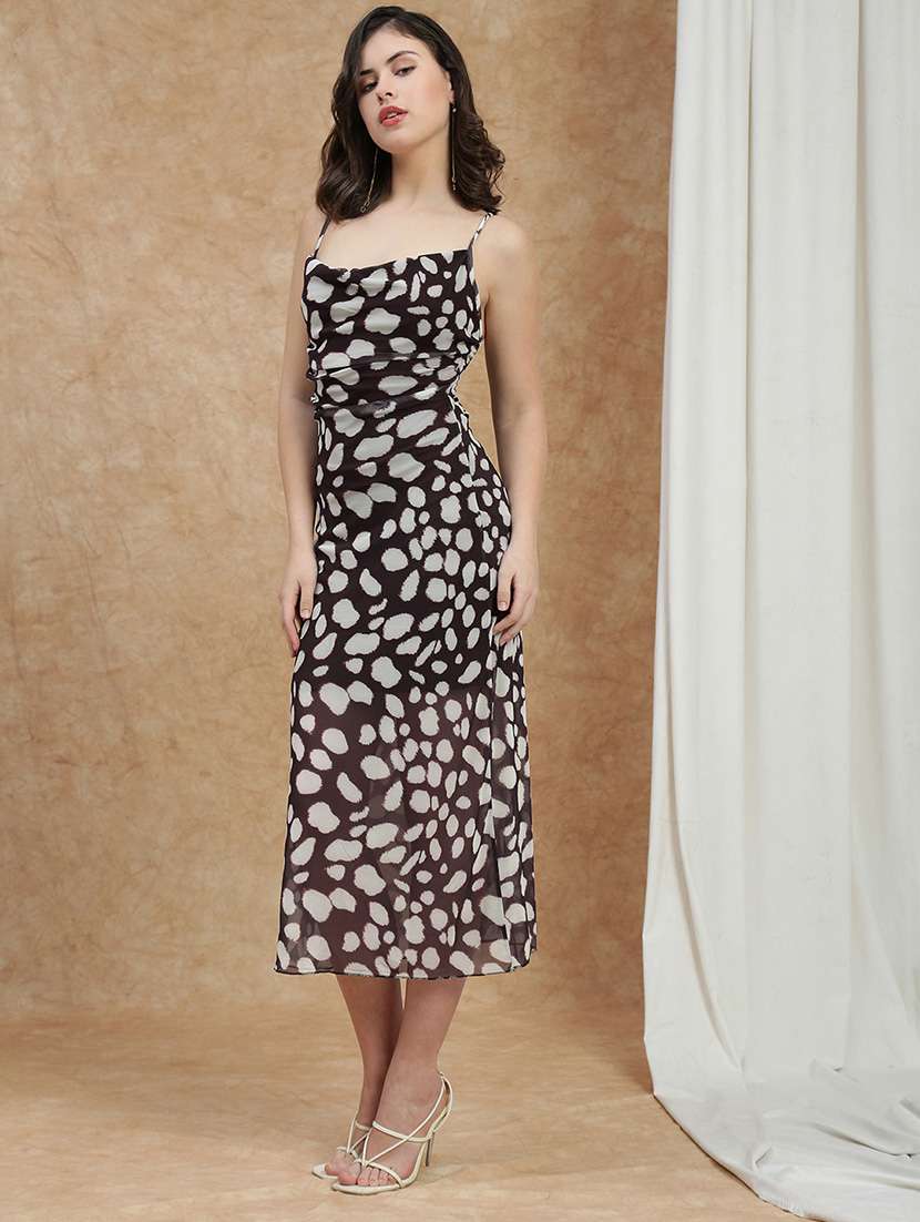 globus women brown cowl neck shoulder straps animal print back tie-up detail midi bodycon party dress - 22174031 -  Standard Image - 1