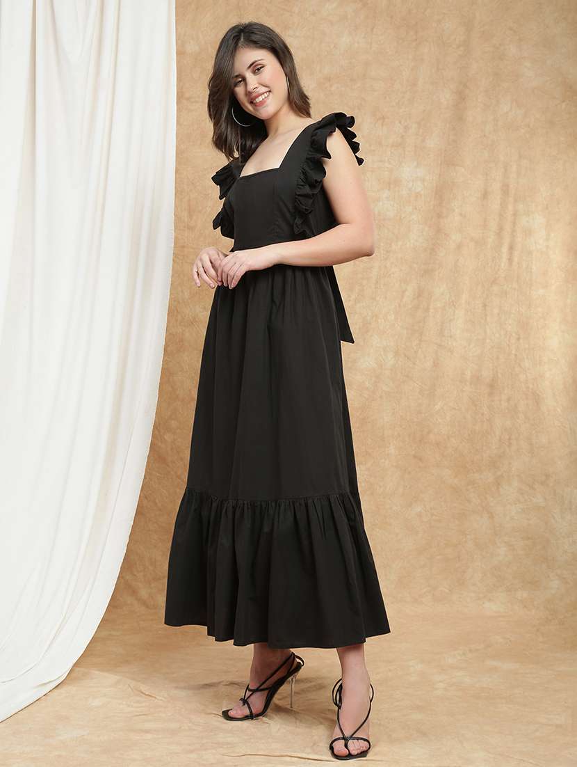 globus women black square neck flutter sleeves bow cut-out detail back tiered fit & flare maxi resort dress - 22174032 -  Standard Image - 1