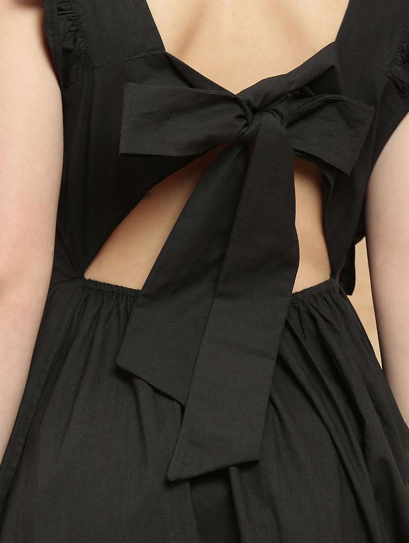 globus women black square neck flutter sleeves bow cut-out detail back tiered fit & flare maxi resort dress - 22174032 -  Standard Image - 4