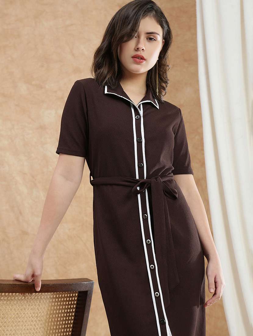 globus women brown collared neck short sleeves self design midi workwear shirt dress with belt - 22174037 -  Standard Image - 4