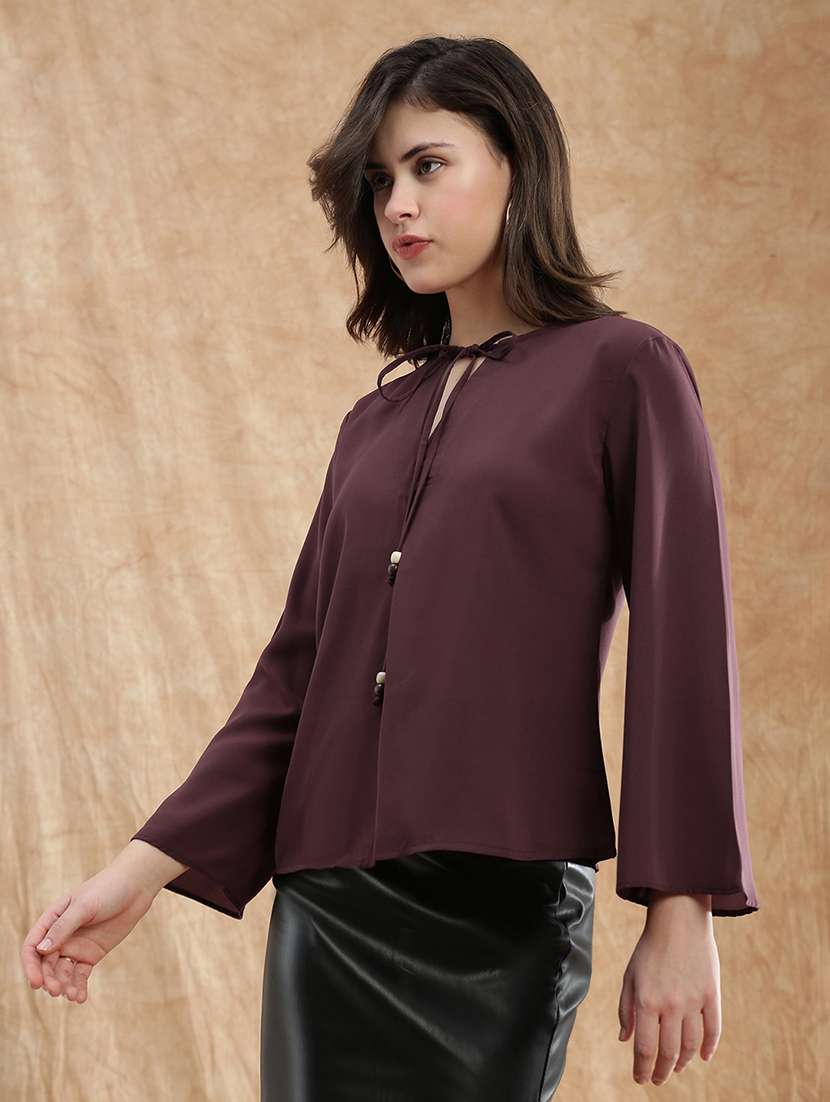 women solid tie-up neck bell sleeve regular top - 22174040 -  Standard Image - 1