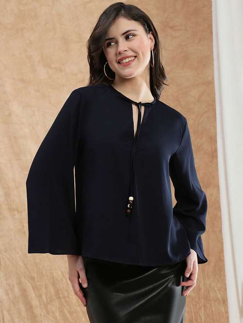 women solid tie -up neck bell sleeve regular top - 22174041 -  Standard Image - 0