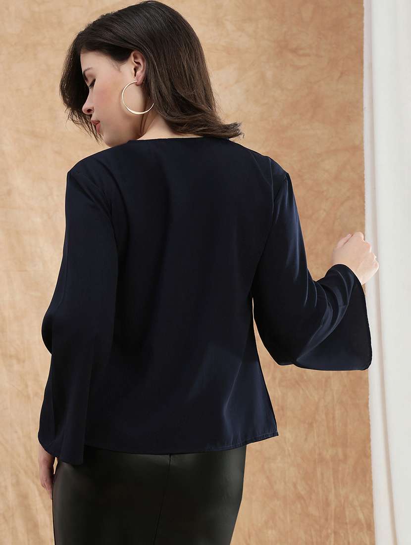 women solid tie -up neck bell sleeve regular top - 22174041 -  Standard Image - 1