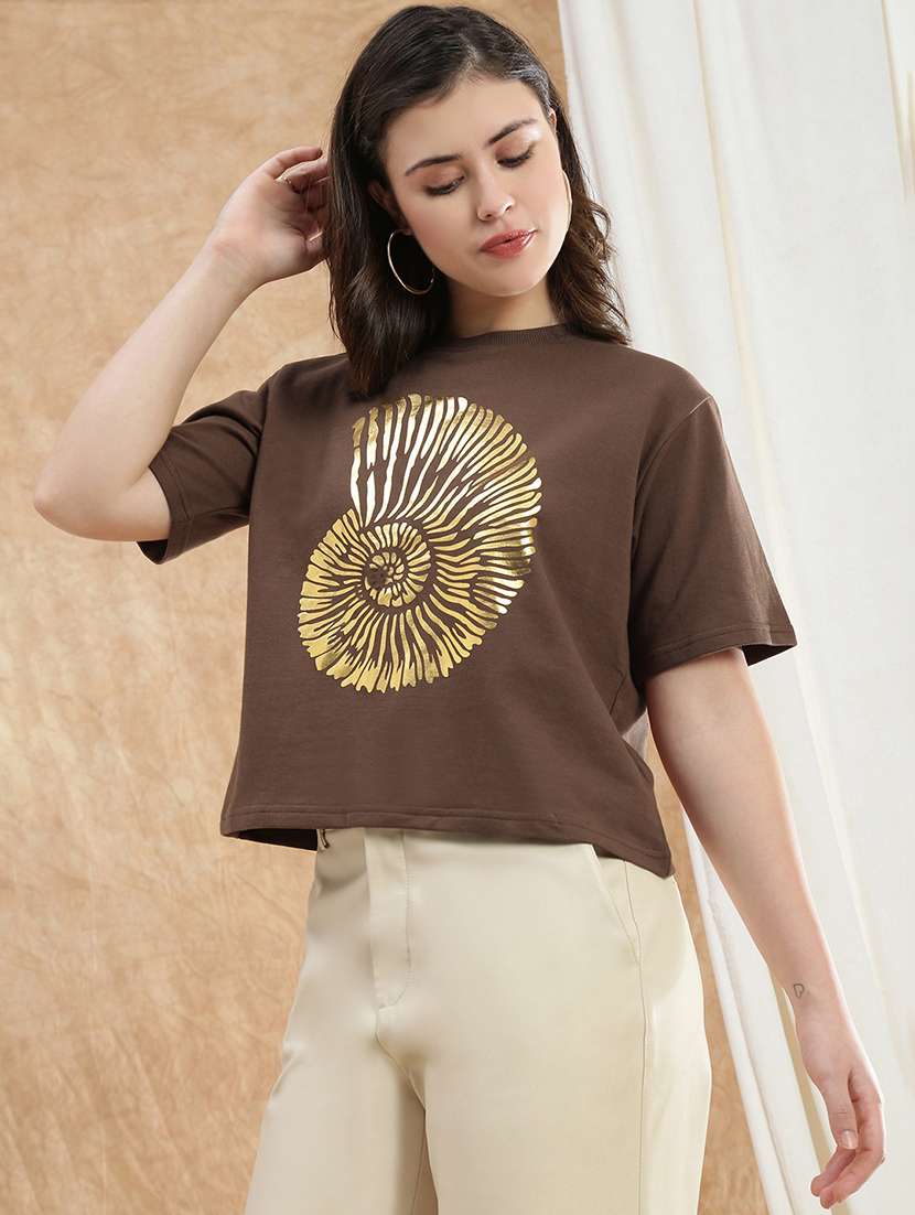 globus women brown gold foil graphic print round neck drop shoulder sleeves boxy crop t-shirt - 22174042 -  Standard Image - 1