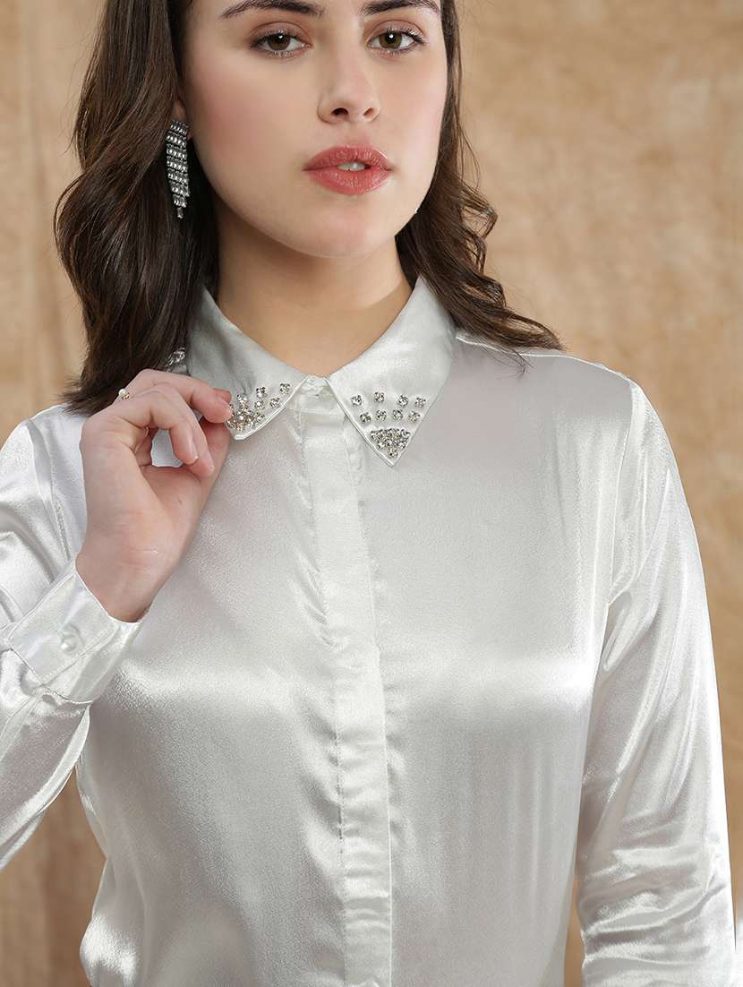 globus women off white embellished spread collar cuffed sleeve satin party shirt - 22174043 -  Standard Image - 4