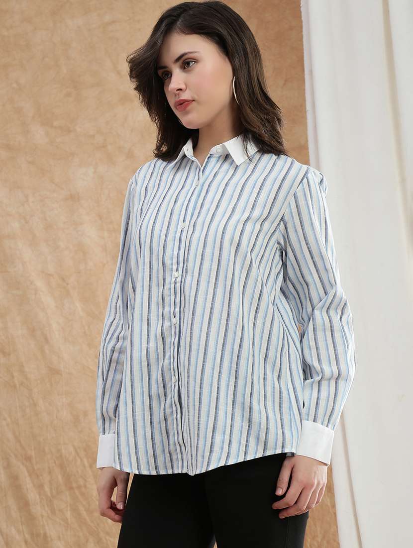 globus women blue striped spread collar cuffed sleeve formal shirt  - 22174045 -  Standard Image - 1