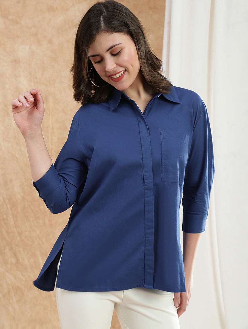 globus women blue spread collar cuffed sleeve patch pocket high-low hem oversized shirt 