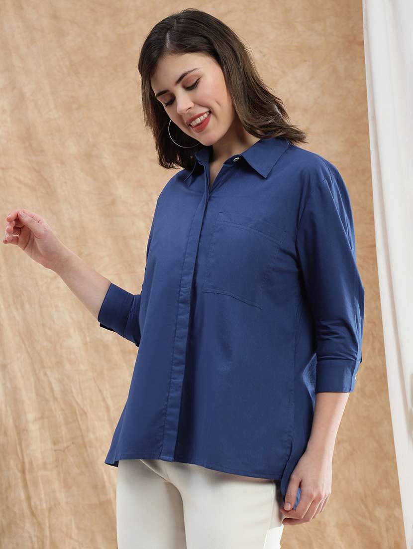globus women blue spread collar cuffed sleeve patch pocket high-low hem oversized shirt  - 22174047 -  Standard Image - 1