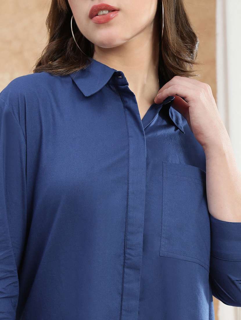 globus women blue spread collar cuffed sleeve patch pocket high-low hem oversized shirt  - 22174047 -  Standard Image - 4