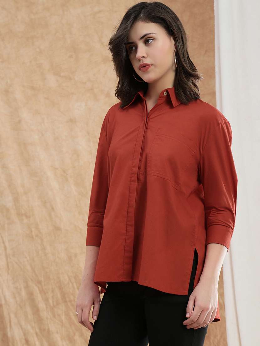 globus women rust spread collar cuffed sleeve patch pocket high-low hem oversized shirt  - 22174048 -  Standard Image - 1