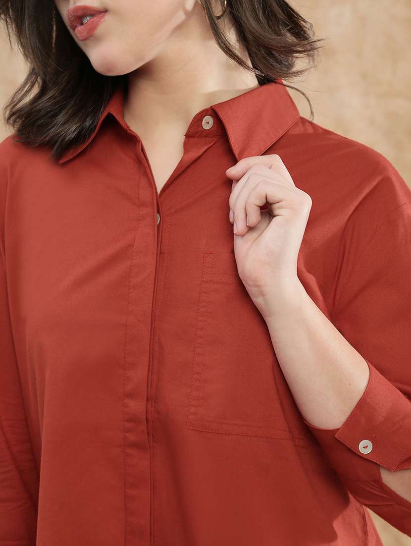 globus women rust spread collar cuffed sleeve patch pocket high-low hem oversized shirt  - 22174048 -  Standard Image - 4