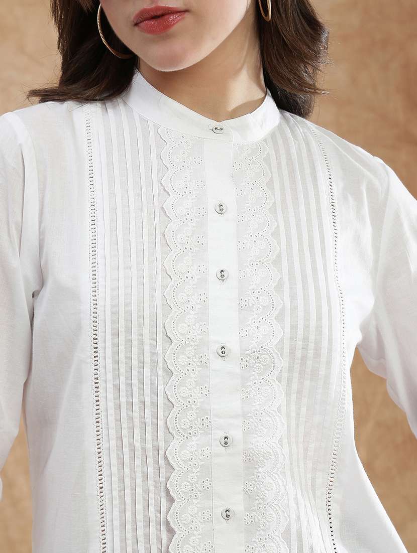 globus women white band collar cuffed sleeve schiffili lace detail pleated shirt - 22174049 -  Standard Image - 4