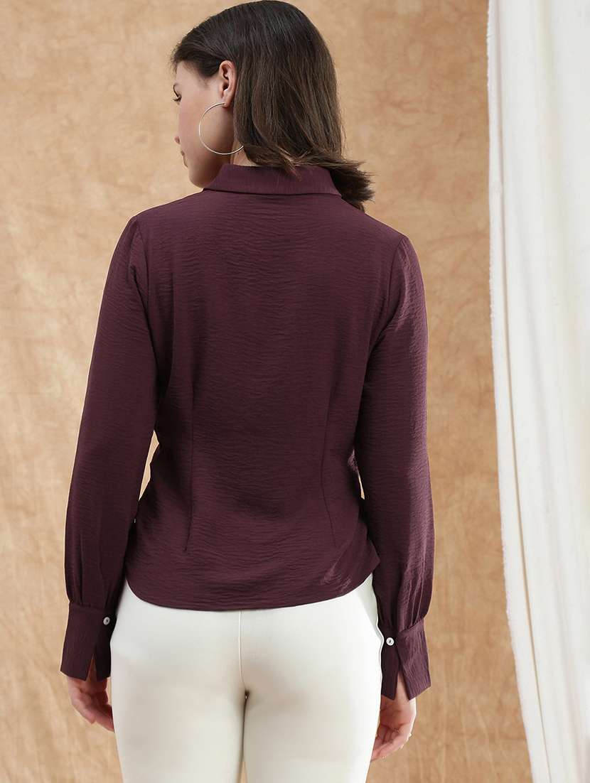 globus women maroon spread collar cuffed sleeve twisted detail formal shirt - 22174050 -  Standard Image - 1