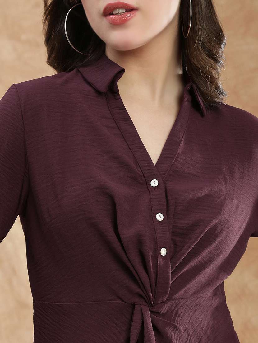 globus women maroon spread collar cuffed sleeve twisted detail formal shirt - 22174050 -  Standard Image - 4