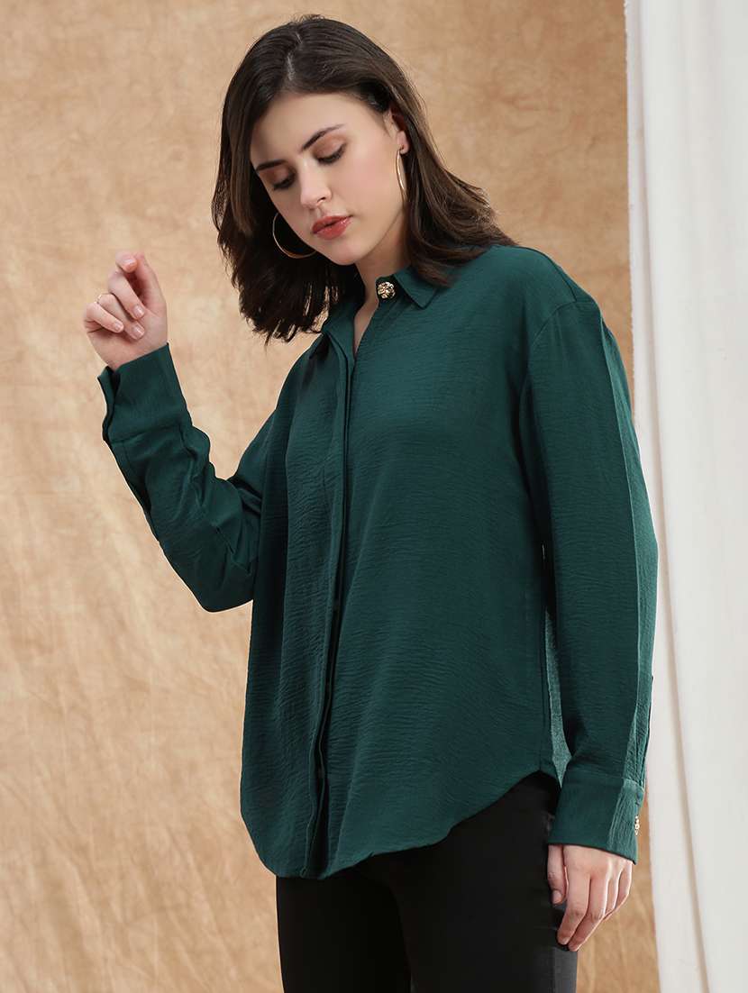 globus women teal spread collar cuffed sleeve curved hem oversized formal shirt - 22174052 -  Standard Image - 1