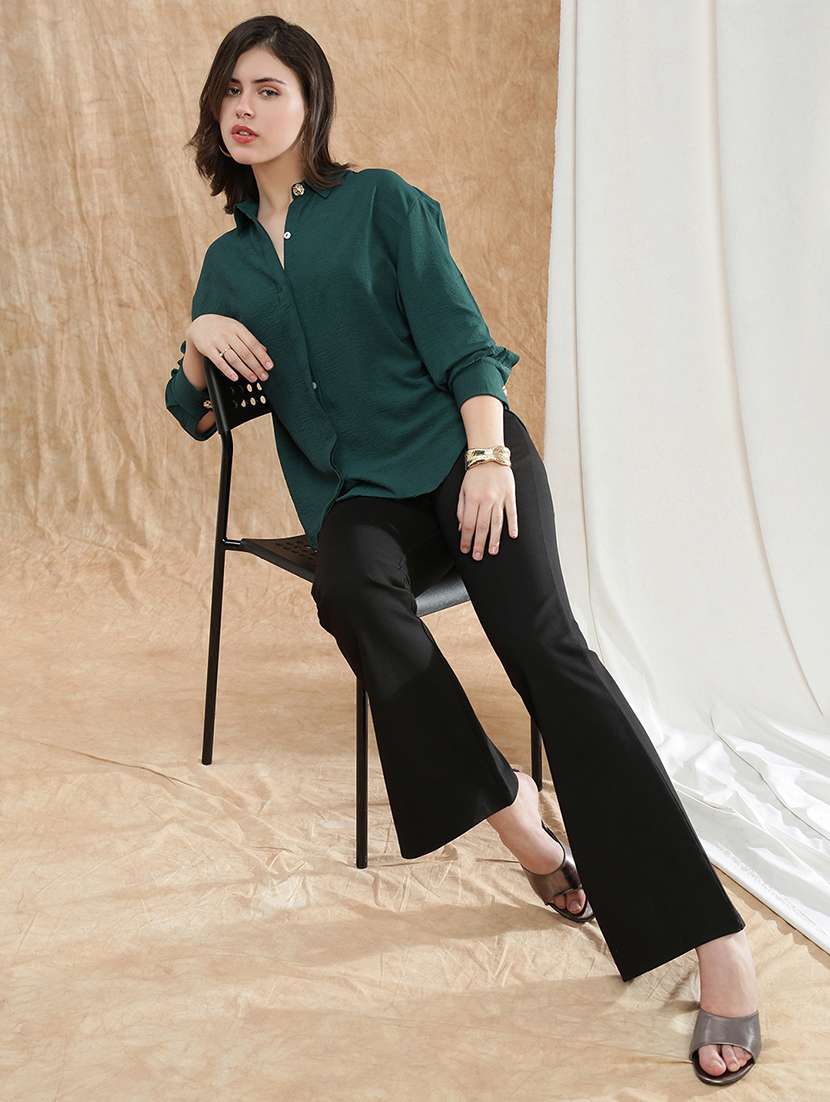 globus women teal spread collar cuffed sleeve curved hem oversized formal shirt - 22174052 -  Standard Image - 4