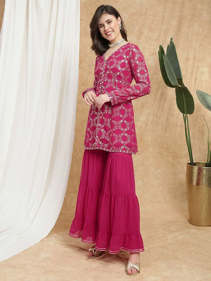 globus women pink v-neck gold foil print & mirror work lace detail a-line tunic & sharara festive co-ord set - 22174055 -  Standard Image - 1