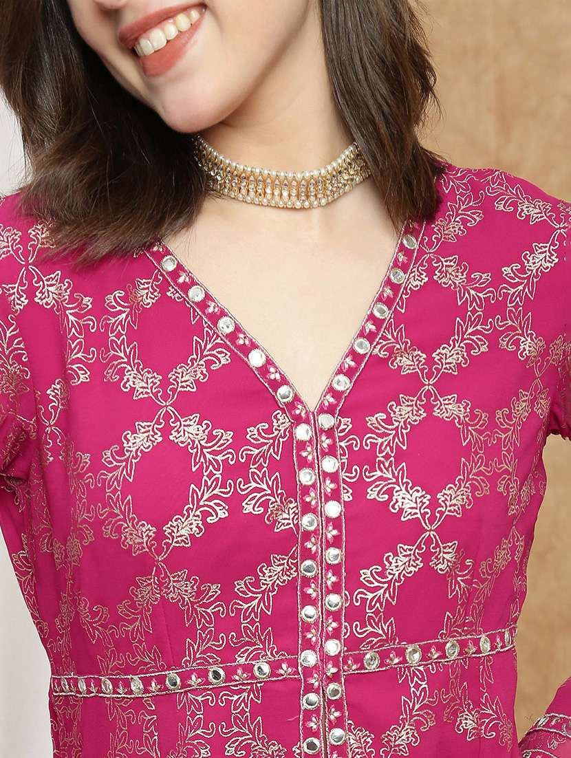 globus women pink v-neck gold foil print & mirror work lace detail a-line tunic & sharara festive co-ord set - 22174055 -  Standard Image - 4