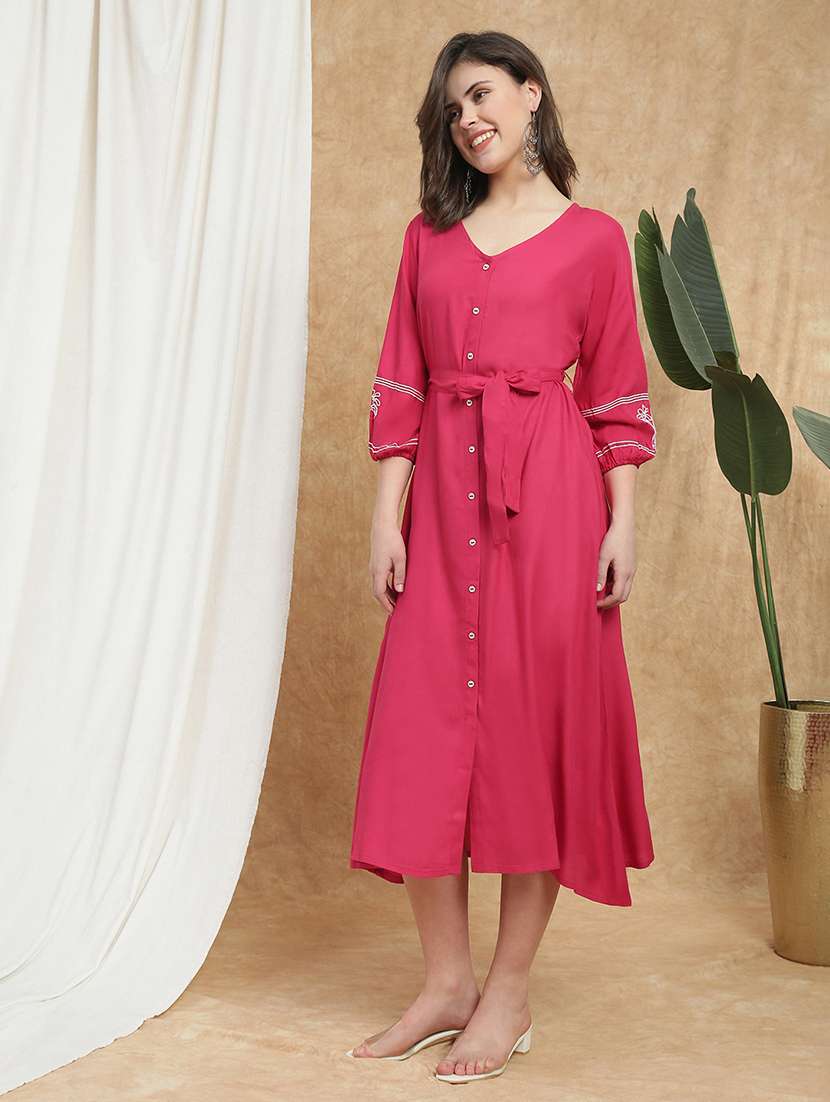 globus women pink v-neck bishop sleeves embroidered detail waist tie-ups button-down a-line midi fusion dress - 22174056 -  Standard Image - 1