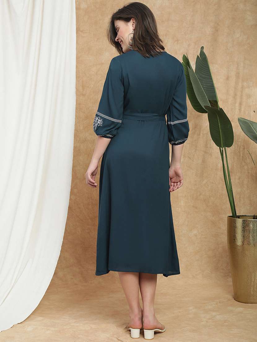 globus women navy blue v-neck bishop sleeves embroidered detail waist tie-ups button-down a-line midi fusion dress - 22174057 -  Standard Image - 1