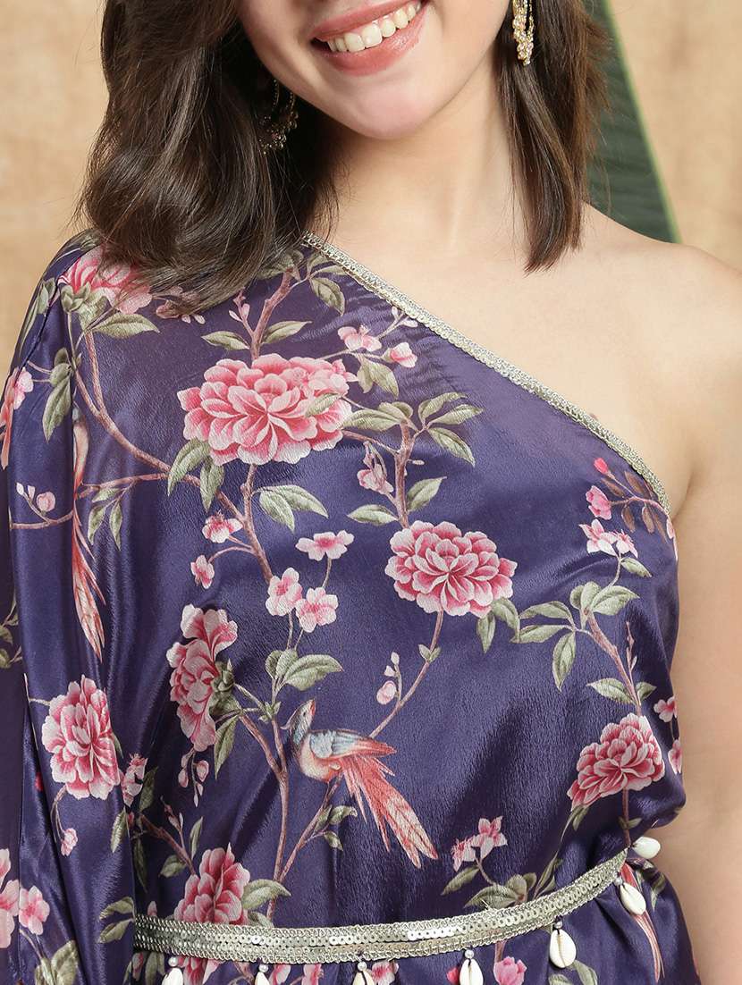 globus women purple floral print one shoulder kaftan embellished tie up detail asymmetric hem maxi dress with belt - 22174058 -  Standard Image - 4