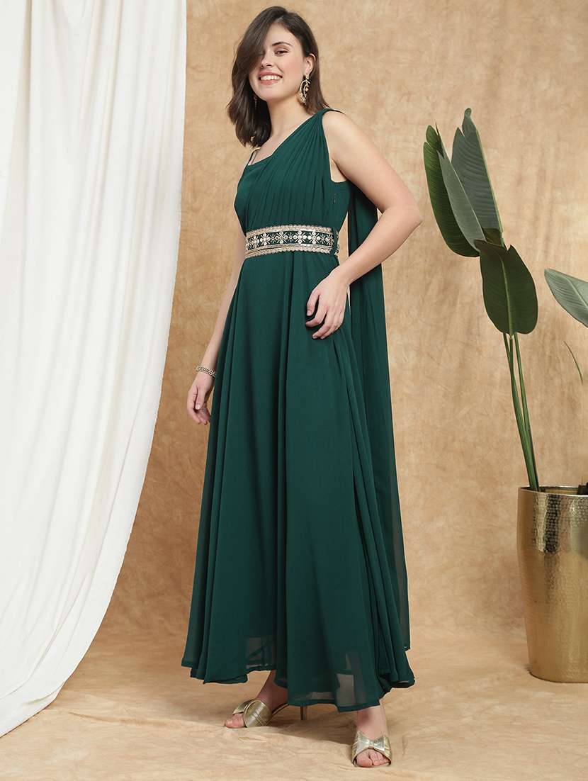 globus women dark green georgette strappy shoulder fit & flare maxi festive draped dress with embroidered belt - 22174059 -  Standard Image - 1