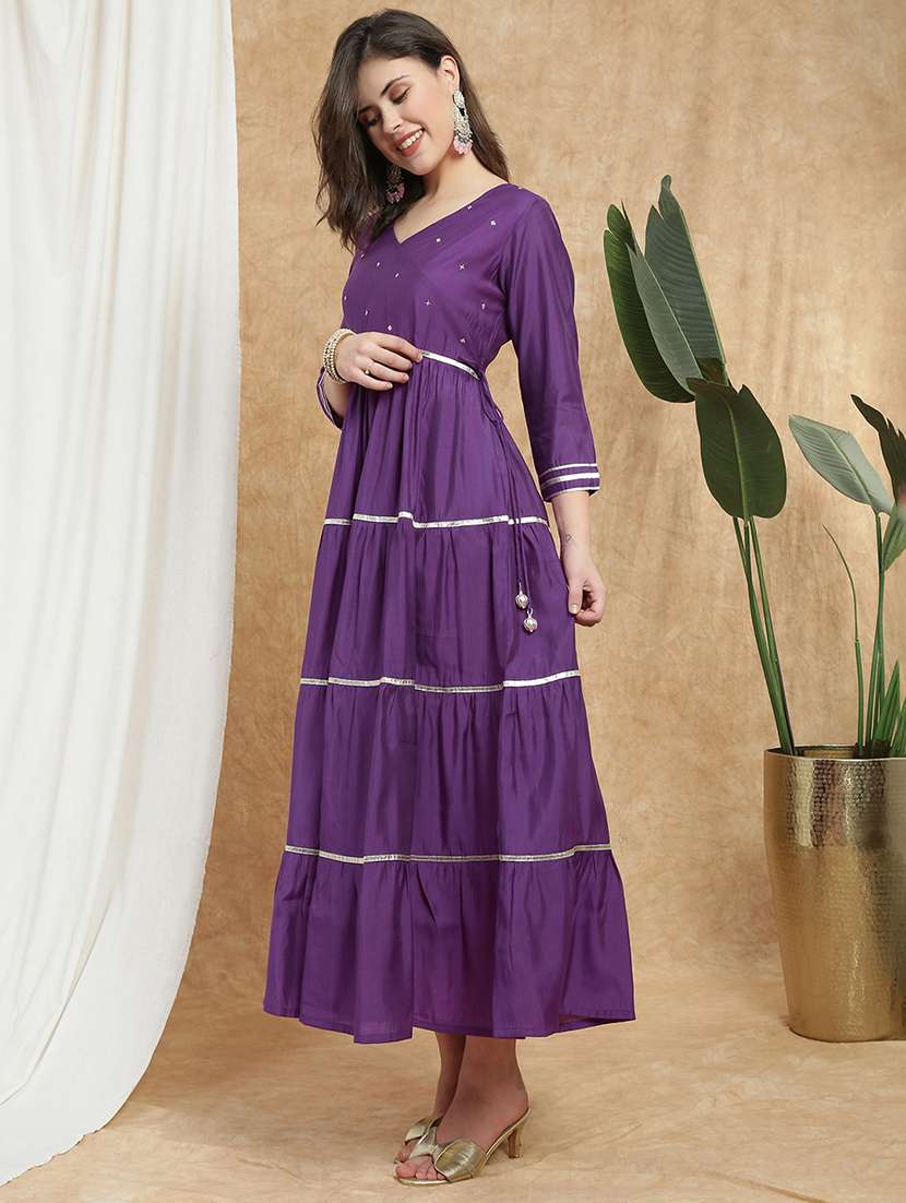 women solid with work three quarter sleeve tiered ethnic dress - 22174060 -  Standard Image - 1