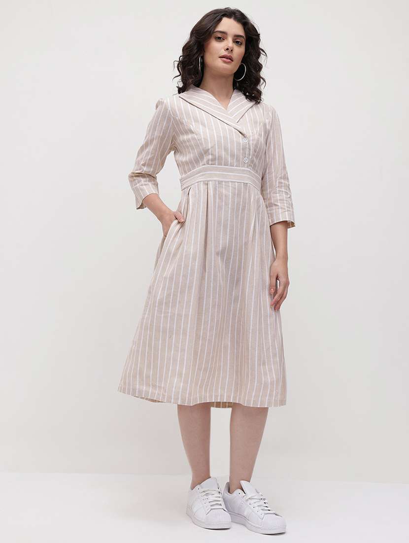 women striped three quarter sleeve a-line dress - 22174085 -  Standard Image - 1