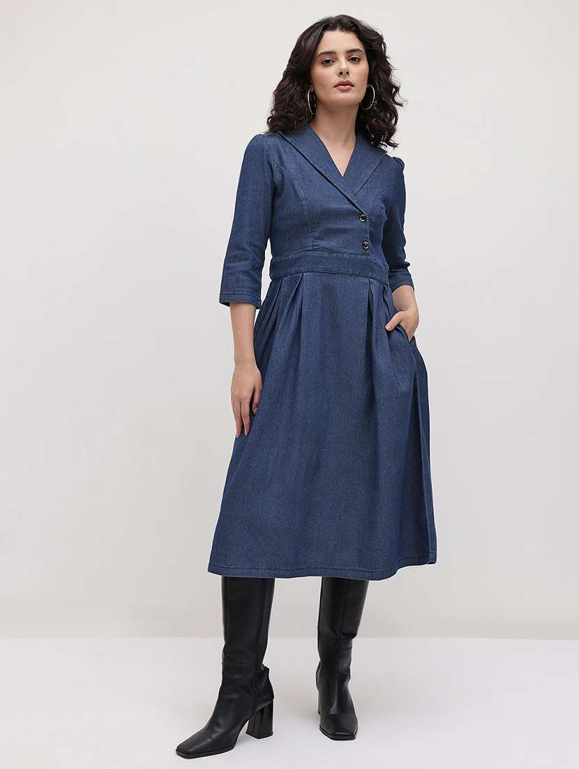 women solid three quarter sleeve dress - 22174099 -  Standard Image - 1