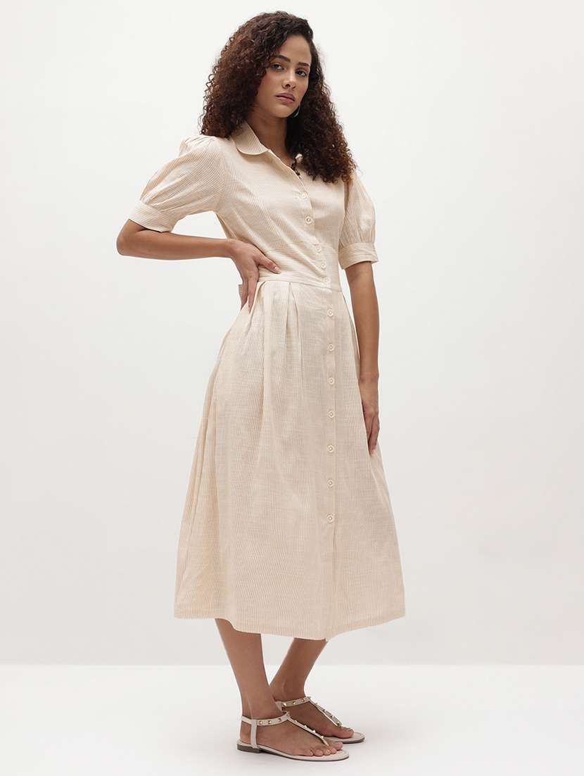 women solid collared puff sleeve shirt dress - 22174102 -  Standard Image - 1