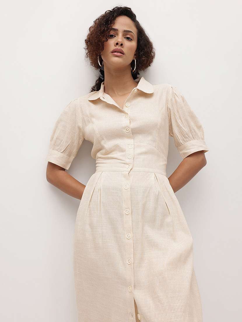 women solid collared puff sleeve shirt dress - 22174102 -  Standard Image - 4