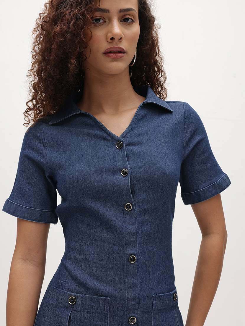 women solid collared short sleeve shirt dress - 22174103 -  Standard Image - 4