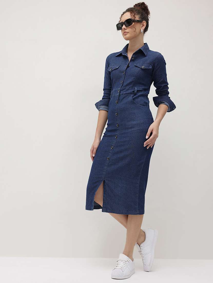 women solid collared long sleeve shirt dress