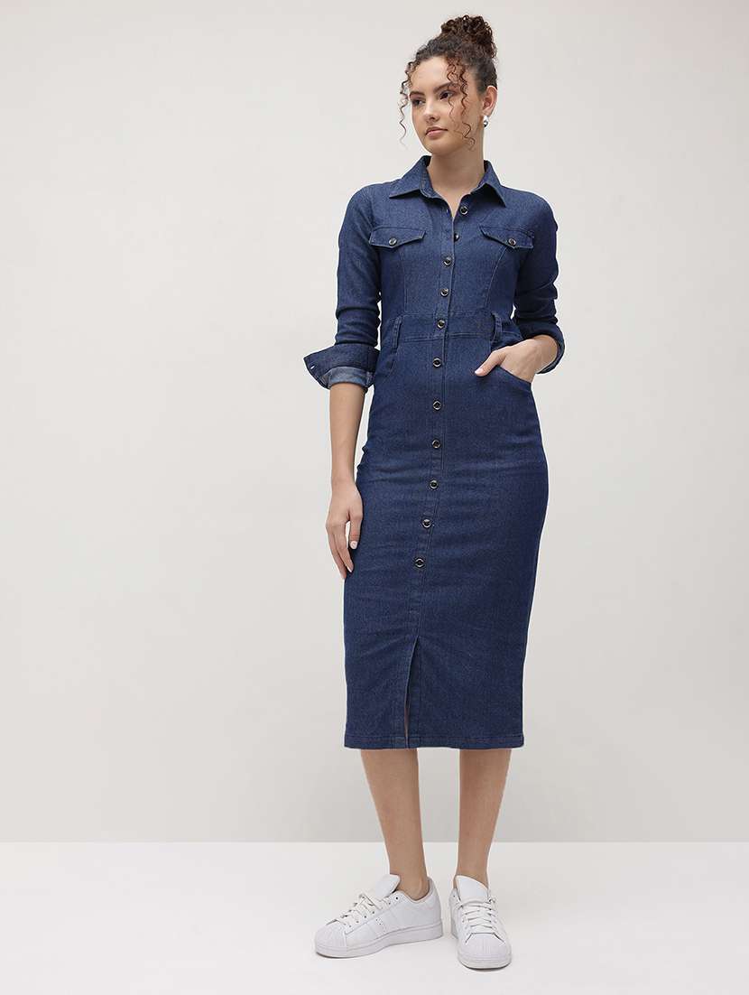 women solid collared long sleeve shirt dress - 22174104 -  Standard Image - 1