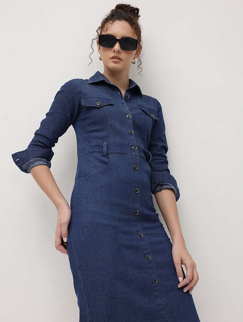 women solid collared long sleeve shirt dress - 22174104 -  Standard Image - 4