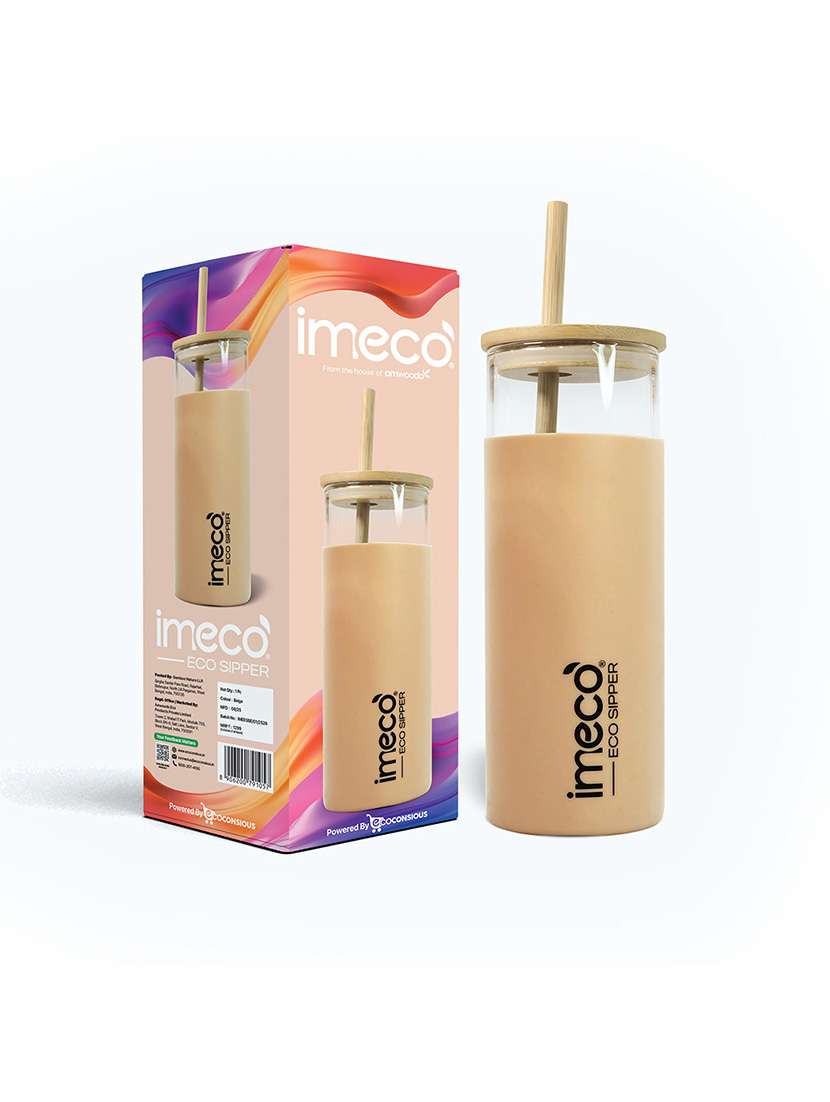 imeco eco-sipper borosilicate glass sipper with bamboo straw 450 ml - peach