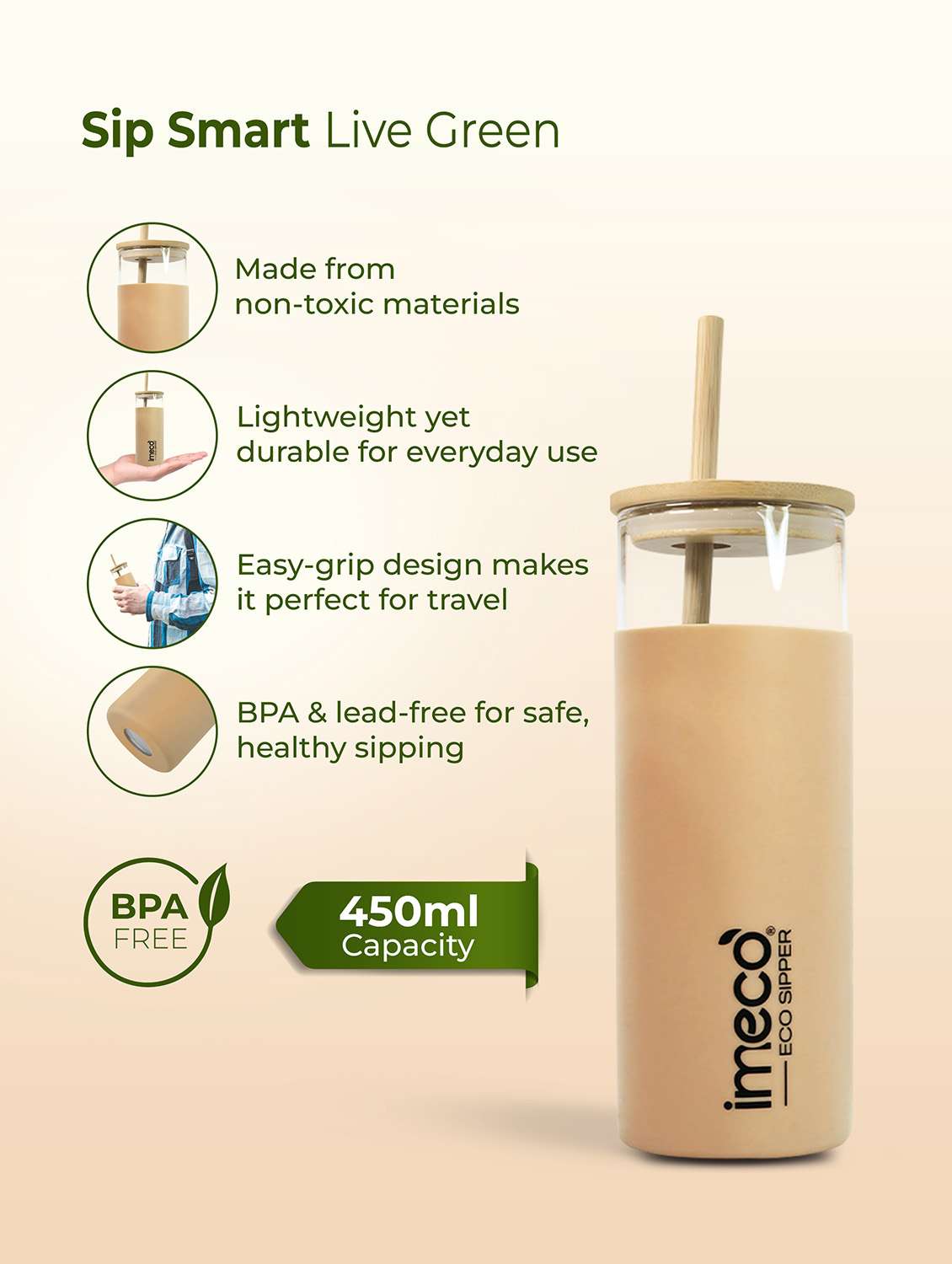 imeco eco-sipper borosilicate glass sipper with bamboo straw 450 ml - peach - 22174105 -  Standard Image - 1