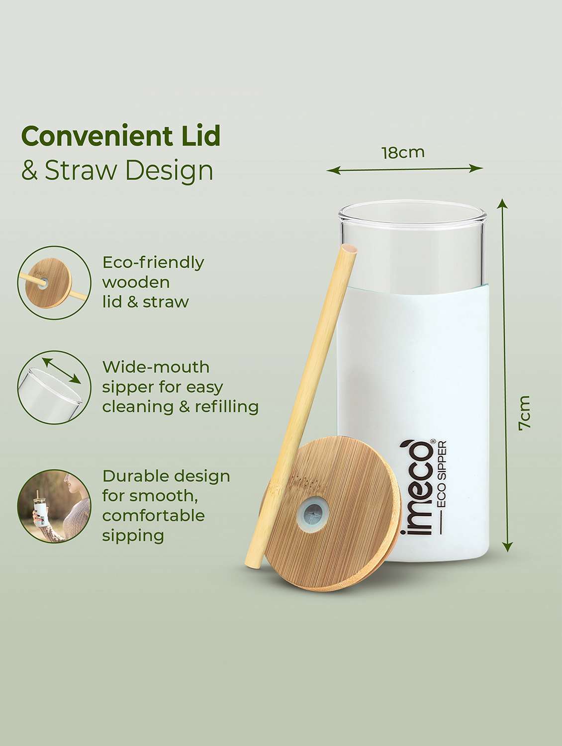 imeco eco-sipper borosilicate glass sipper with bamboo straw 450 ml - peach - 22174106 -  Standard Image - 1