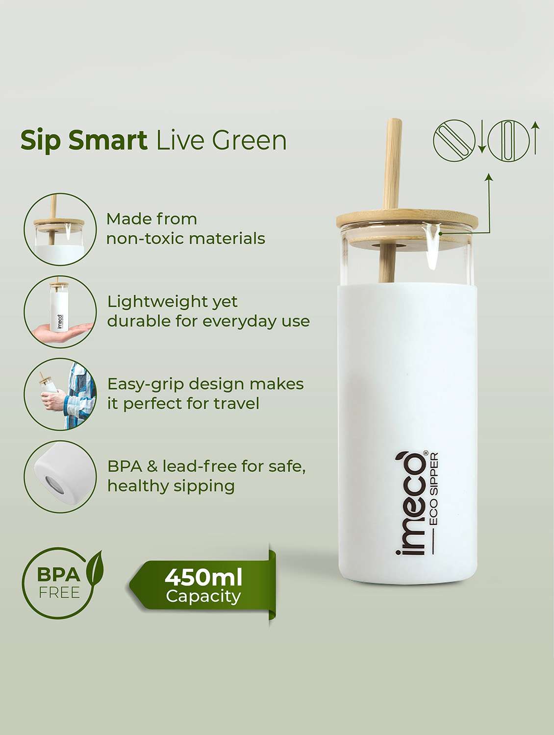imeco eco-sipper borosilicate glass sipper with bamboo straw 450 ml - peach - 22174106 -  Standard Image - 4