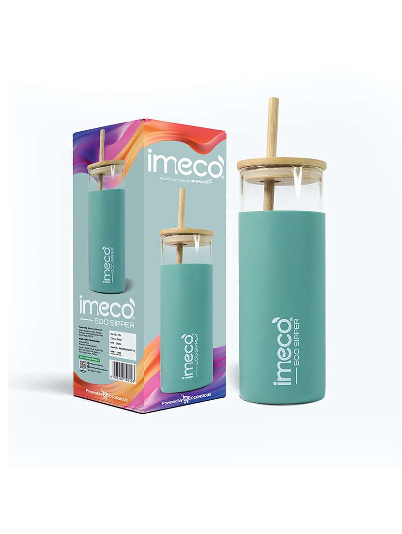 imeco eco-sipper borosilicate glass sipper with bamboo straw 450 ml - peach
