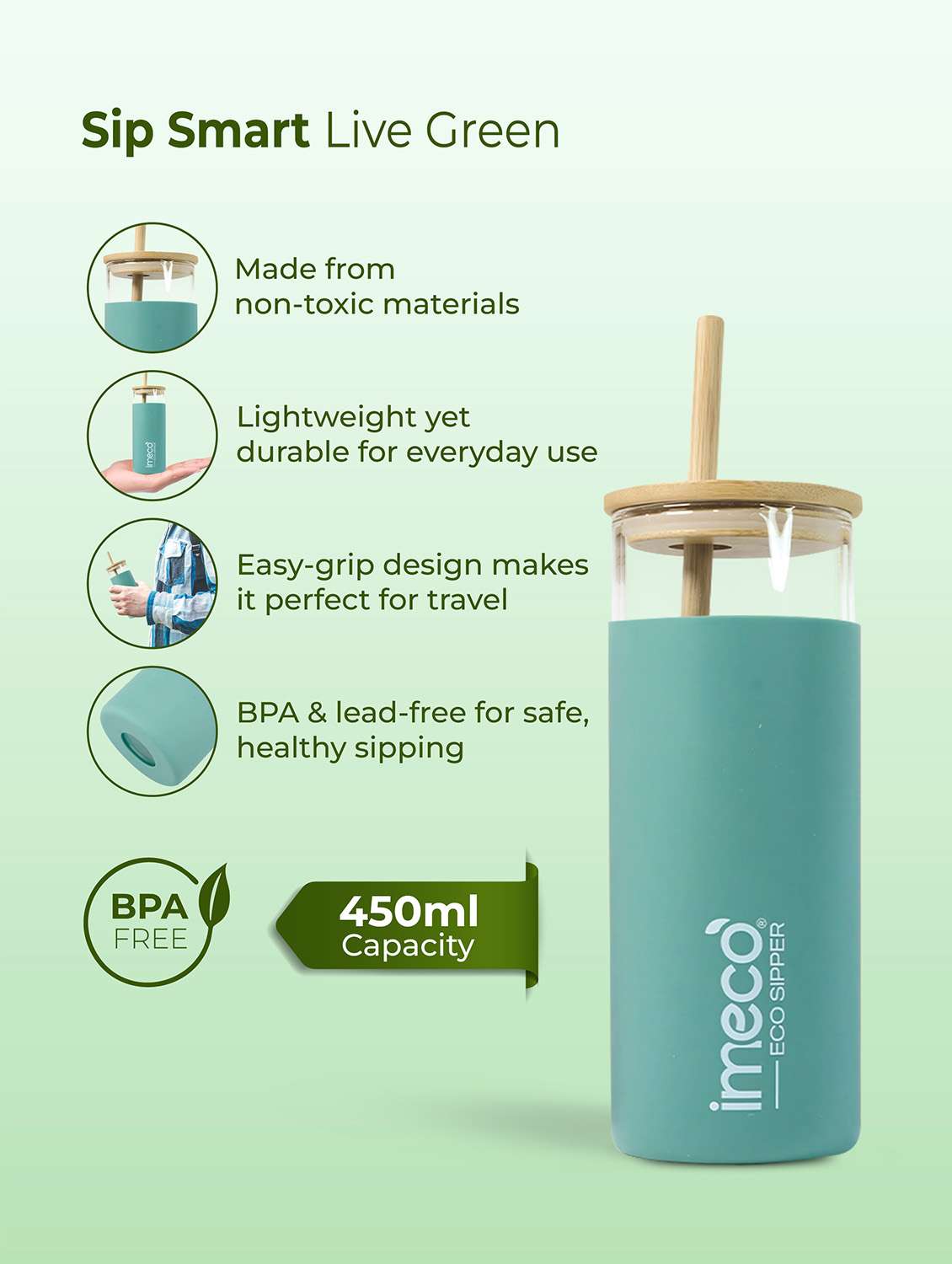 imeco eco-sipper borosilicate glass sipper with bamboo straw 450 ml - peach - 22174107 -  Standard Image - 1