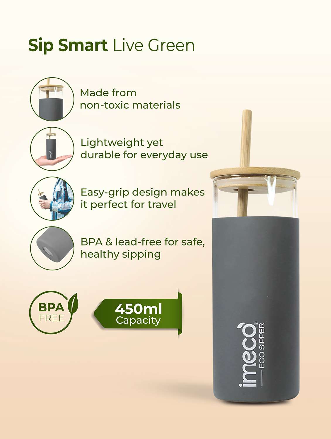 imeco eco-sipper borosilicate glass sipper with bamboo straw 450 ml - peach - 22174109 -  Standard Image - 1