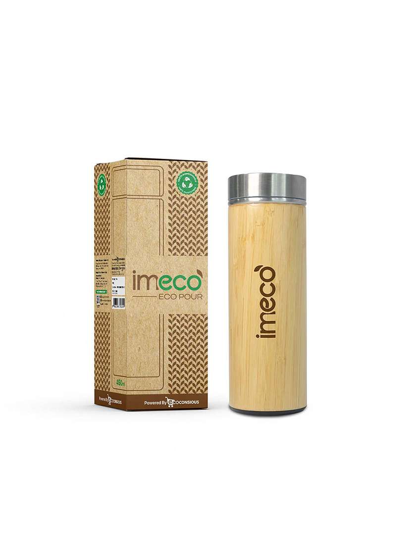 imeco eco-pour flat head bamboo bottle with stainless steel lid 450 ml