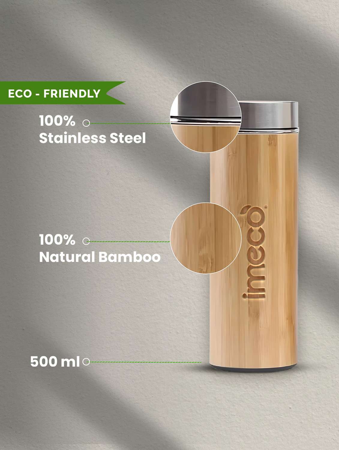 imeco eco-pour flat head bamboo bottle with stainless steel lid 450 ml - 22174115 -  Standard Image - 4