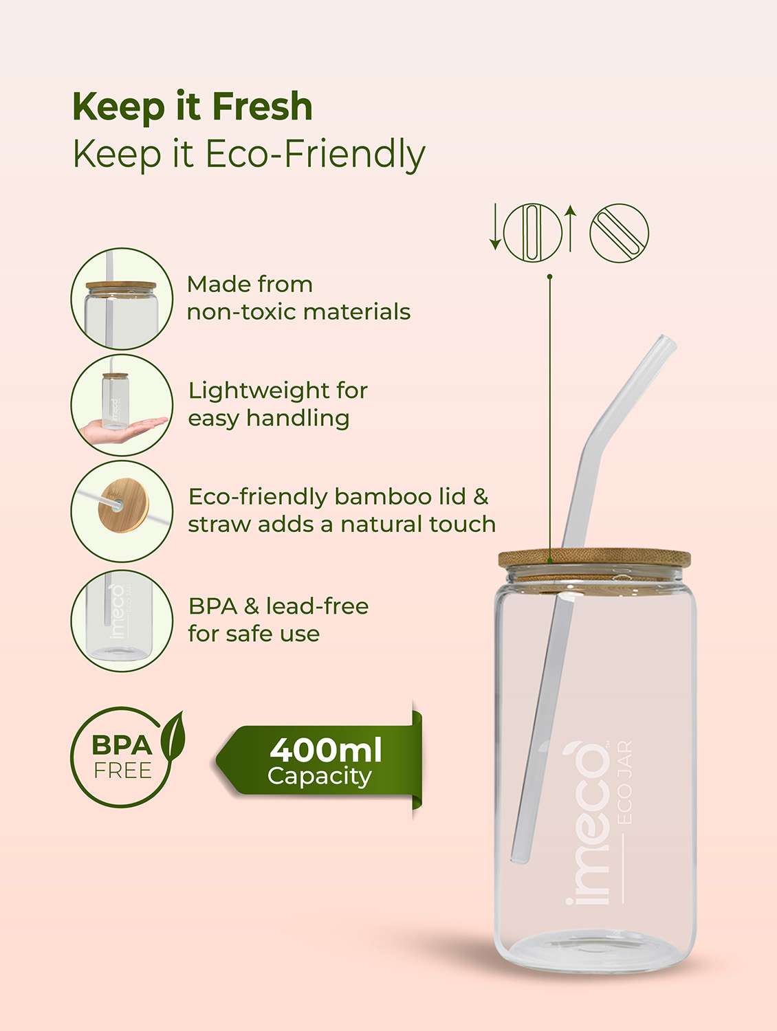 imeco eco jar borosilicate glass sipper with bamboo lid & straw for smoothies, juices, cold coffee - 400 ml - 22174117 -  Standard Image - 1