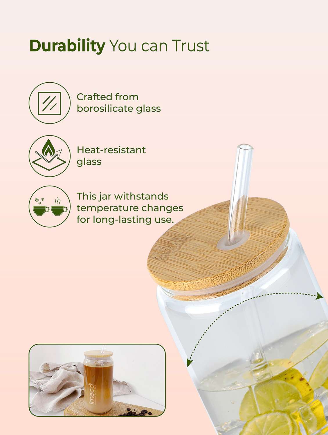 imeco eco jar borosilicate glass sipper with bamboo lid & straw for smoothies, juices, cold coffee - 400 ml - 22174117 -  Standard Image - 4