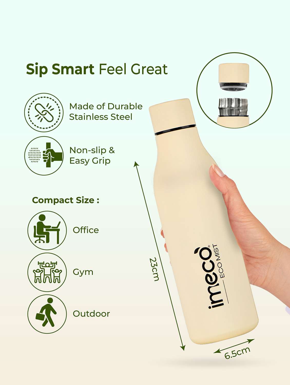 imeco eco mist stainless steel pastel water bottle 500 ml - white - 22174118 -  Standard Image - 4