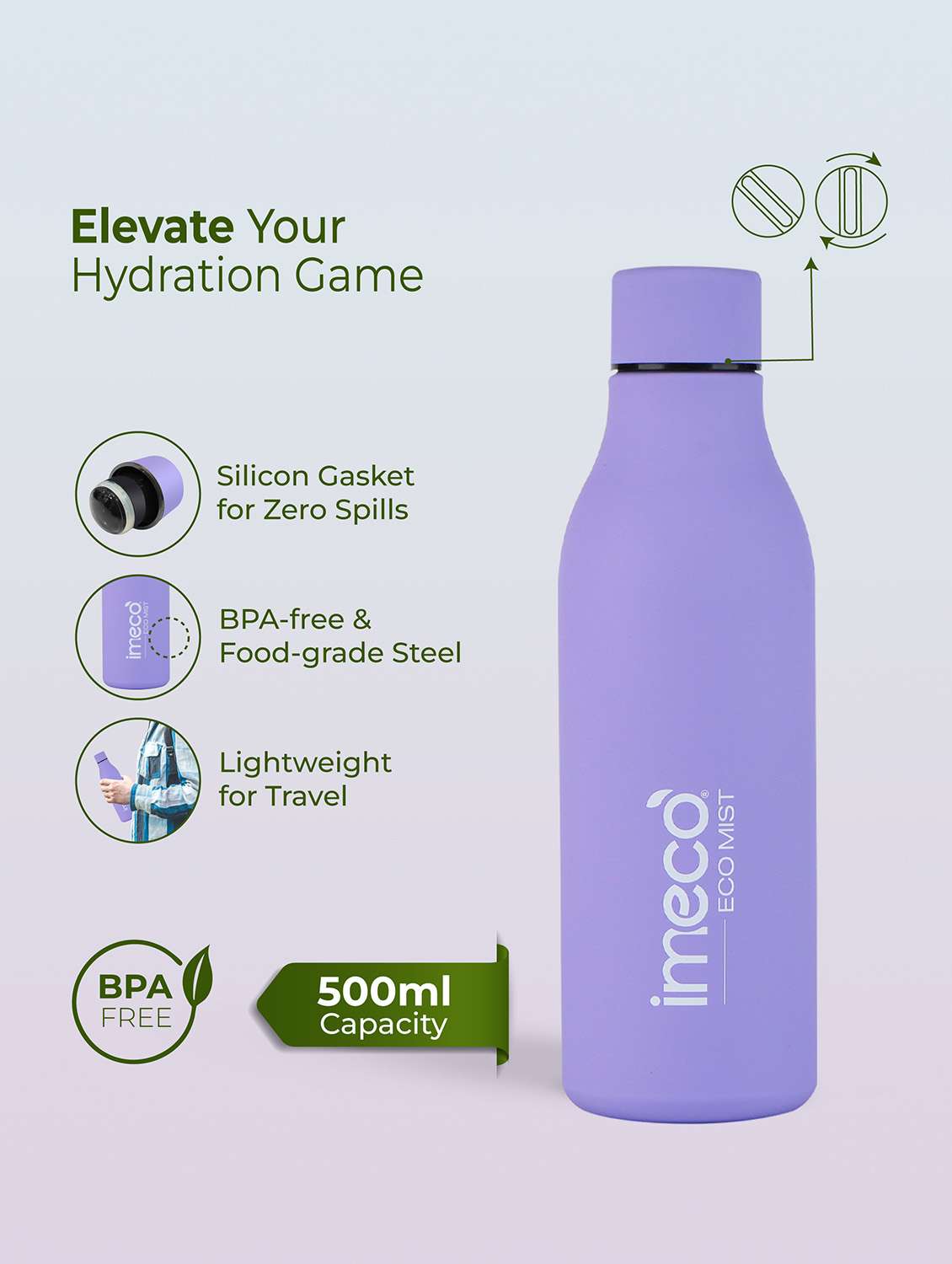 imeco eco mist stainless steel pastel water bottle 500 ml - white - 22174119 -  Standard Image - 1